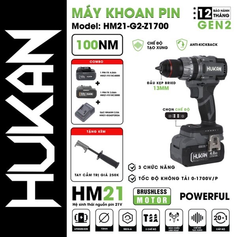 Máy khoan pin 13mm Hukan HM21-G2-Z1700.2