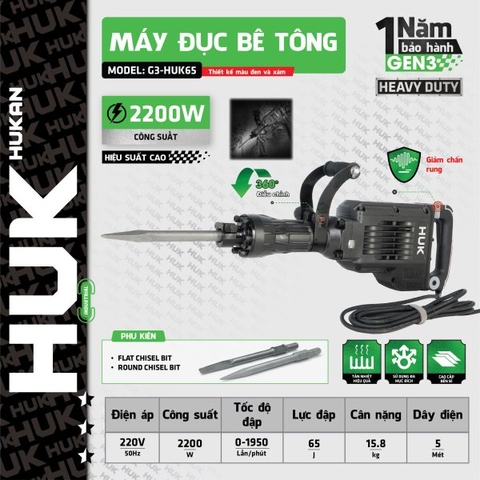 Máy đục bê tông 30mm 2200w lực 65J Gen 3 Hukan G3-HUK65
