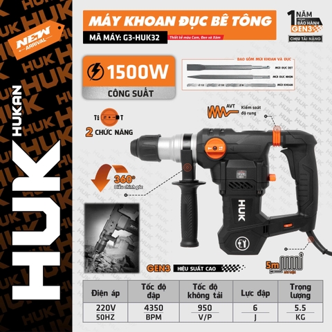 Máy đục bê tông Gen 3 1500W 6J Hukan G3-HUK32