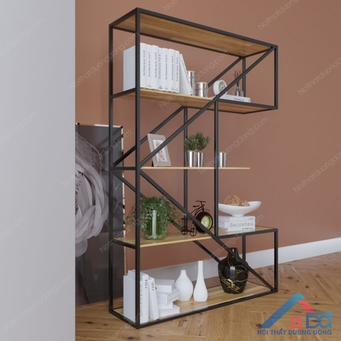 Kệ sách khung sắt chữ E gỗ cao su - TT 05