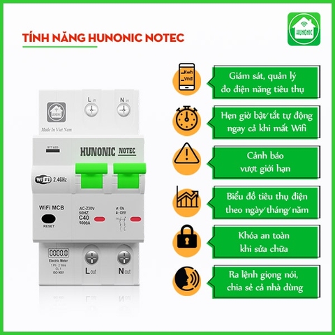 Aptomat công tơ điện thông minh đo điện năng HUNONIC NOTEC theo dõi cài đặt thang tính tiền điện phòng trọ bật tắt từ xa qua điện thoại