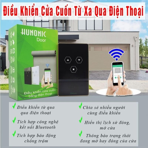 Bộ Công Tắc Điều Khiển Cửa Cuốn Qua Điện Thoại HUNONIC DOOR Thông Minh Wifi Từ Xa Bằng App Bản Full Viền Nhôm Khung Thép Điều Khiển Bluetooth kèm 2 remote cầm tay cao cấp