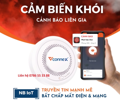 Cảm biến khói VCONNEX phòng cháy cảnh báo cháy liên gia thông minh NB ioT wifi phát hiện cháy nổ từ xa qua điện thoại