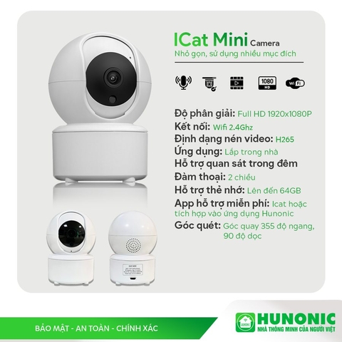 Camera wifi thông minh ICat mini indoor outdoor AI app HUNONIC siêu nét theo dõi điều khiển nhà thông minh từ xa qua điện thoại