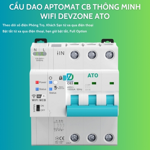Cầu dao Aptomat CB thông minh wifi DEVZONE ATO giám sát điện năng cài đặt thang tính tiền điện phòng trọ theo dõi bật tắt từ xa qua điện thoại