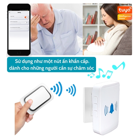 Chuông Cửa Không Dây Thông Minh TUYA Wifi Không Cần Dùng Pin Điều Khiển Cảnh Báo Từ Xa Qua Điện Thoại