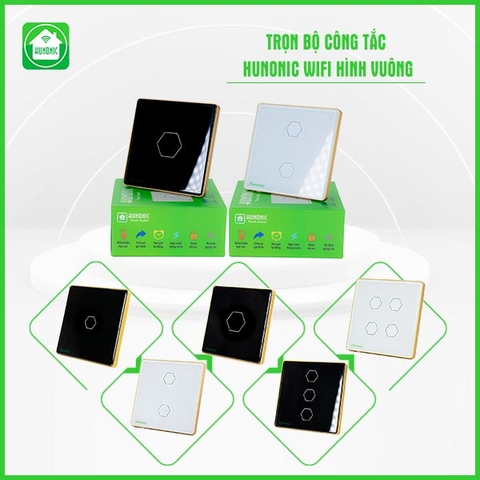 Công tắc cảm ứng thông minh Wifi HUNONIC mặt vuông nút điều khiển bật tắt thiết bị điện bình nóng lạnh công suất cao từ xa qua điện thoại