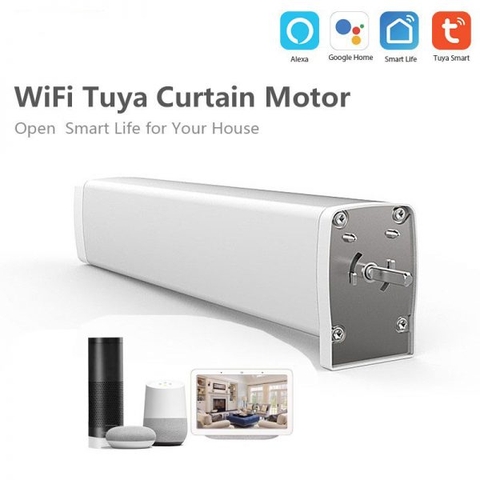 Động cơ rèm Tuya Wifi thông minh lực kéo 2N 55 kg điều khiển đóng mở từ xa trên điện thoại remote ra lệnh giọng nói