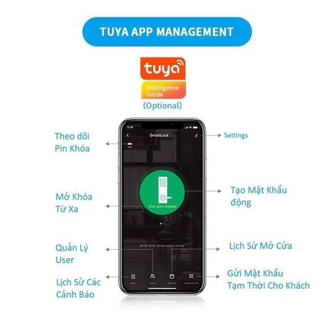 Ổ khóa vân tay thông minh TUYA Wifi E 202 cửa gỗ thép composit nhôm xingfa theo dõi đóng mở từ xa qua điện thoại