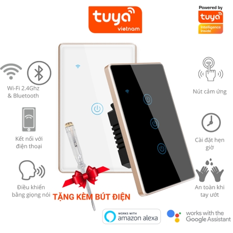 Công Tắc Cảm Ứng Thông Minh Wifi TUYA Viền Vàng Sang Trọng Chữ Nhật Theo Dõi Bật Tắt Từ Xa Qua Điện Thoại