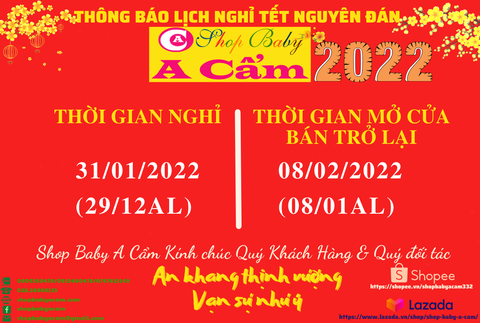 THÔNG BÁO LỊCH NGHỈ TẾT NGUYÊN ĐÁN 2022 - SHOP BABY A CẨM