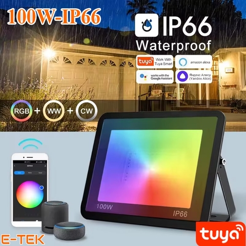 Đèn pha Led đổi màu RGB ngoài trời nháy theo nhạc 100W Wifi TUYA