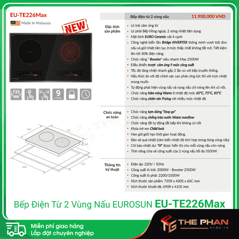 Bếp Điện Từ Đôi Eurosun EU-TE226Max - Inverter thông minh, Cảm ứng từ + Hồng ngoại