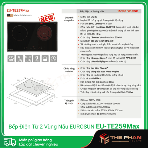 Bếp Điện Từ Đôi Eurosun EU-TE259Max - Inverter thông minh, Cảm ứng từ + Hồng ngoại