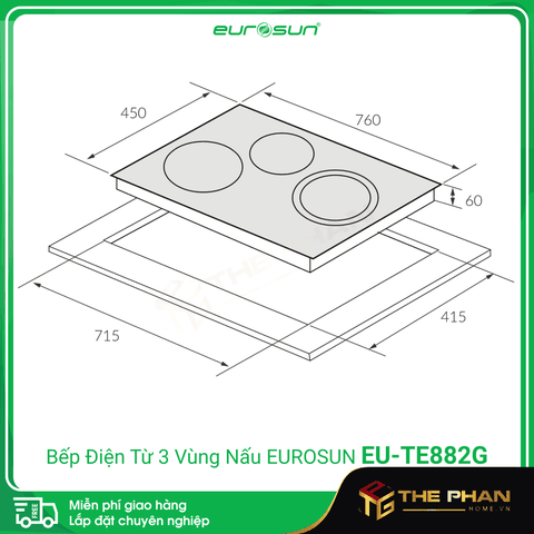 Bếp Điện Từ Eurosun EU-TE882G - 3 vùng nấu (2 Cảm ứng từ + 1 Hồng ngoại), CHLB Đức