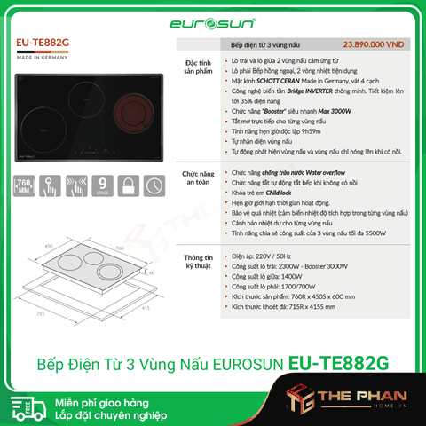 Bếp Điện Từ Eurosun EU-TE882G - 3 vùng nấu (2 Cảm ứng từ + 1 Hồng ngoại), CHLB Đức