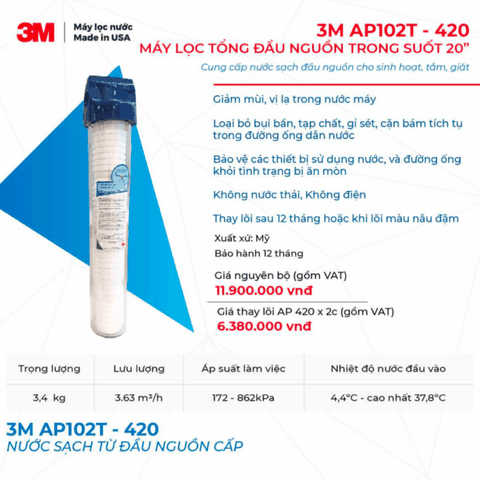 Máy Lọc Nước Tổng Đầu Nguồn 3M AP102T-420 (20in), 3M AP11T-420 (10in)