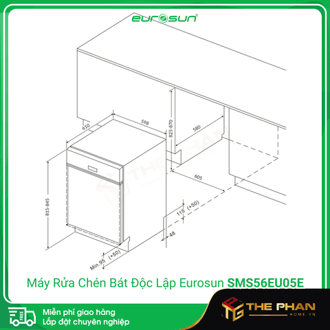 Máy Rửa Chén Bát Eurosun SMS56EU05E - Lắp Độc Lập Hoặc Âm Tủ, Sức chứa 15 Bộ