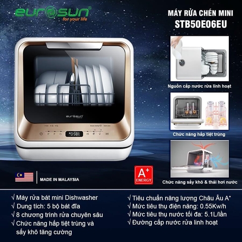 Máy Rửa Chén Mini - Rửa Trái Cây Độc Lập Eurosun STB50E06EU - Sức chứa 5 Bộ