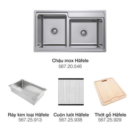 Combo Chậu Thép Không Gỉ Hafele + Lưới, Thớt, Rây - Chậu Inox / Stainless Steel Sink HS20-SSN2R90L 567.20.586