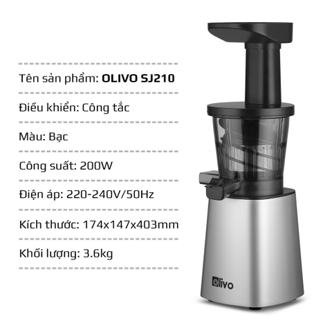 Máy Ép Chậm Olivo SJ210 [CHÍNH HÃNG - BH 24 THÁNG] Máy Ép Rau Củ Quả, Máy Ép Đậu Nành, Làm Kem, Ép Kiệt Bã 100%