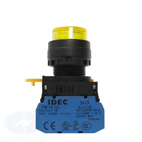 Nút nhấn Idec có đèn loại lồi 220V AC/DC YW1L-A2E11QM3Y Ø 22mm màu vàng 1NC-1NO