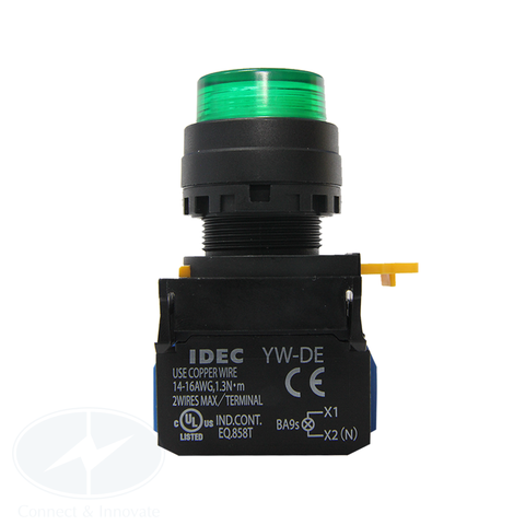 Nút nhấn Idec có đèn 220V AC/DC YW1L-A2E11QM3G Ø22mm màu xanh lá 1NC+1NO