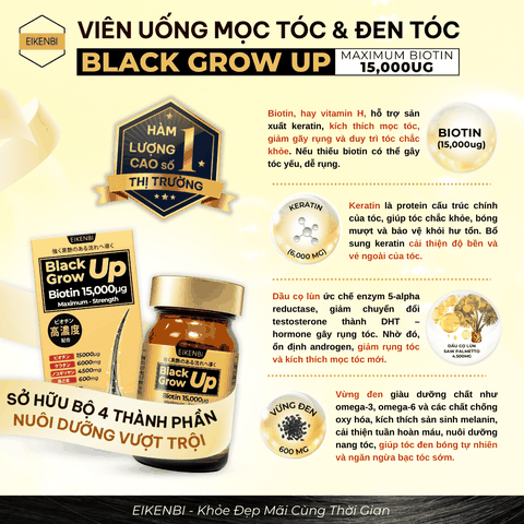 Viên Uống Mọc Tóc & Đen Tóc Black Grow Up Maximum Biotin 15,000µg (Hộp 60 viên)