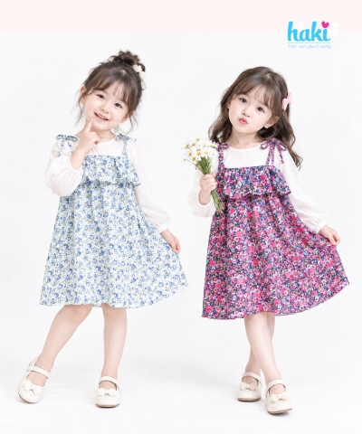 Váy hoa phối tay trắng hai dây HK488