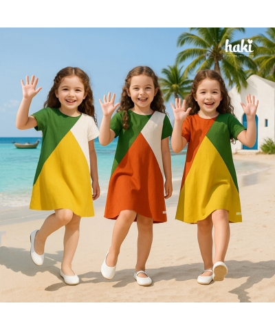 Váy linen cộc tay phối tam giác HK509