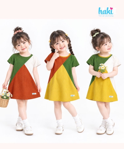 Váy linen cộc tay phối tam giác HK509