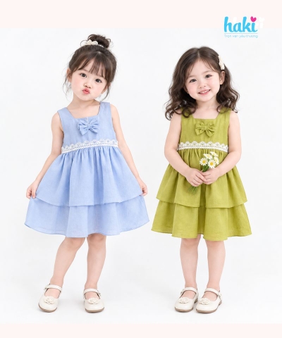 Váy sát nách hai tầng phối ren, đính nơ HK506