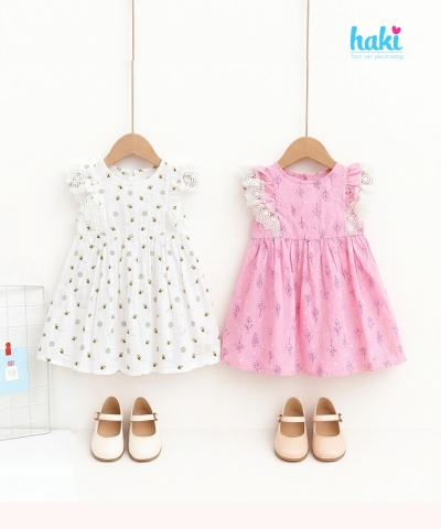 Váy bé gái sát nách phối ren tay HK513