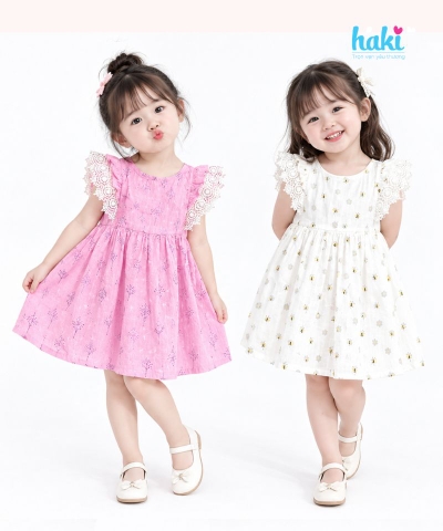 Váy bé gái sát nách phối ren tay HK513