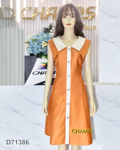 ĐẦM TAFTA NÂU VÀNG CỔ TRẮNG NÚT VÀNG 71386
