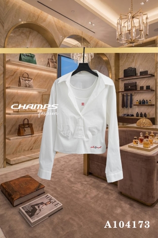 ÁO SƠ MI PHỐI THUN CHANEL TRẮNG 104173