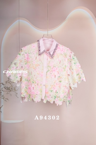 ÁO REN HỒNG XANH CỔ ĐÍNH CƯỜM 94302