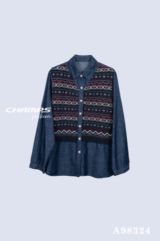 ÁO SƠ MI PHỐI LEN XANH 98324