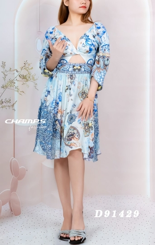 ĐẦM LỤA HOA VĂN XANH CAMILLA 91429