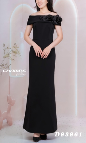 ĐẦM DẠ HỘI ĐEN DÀI VAI TRỄ HOA VAI 93961