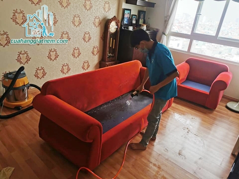 Giặt sofa vải bộ trọn bộ 1 băng dài 2 ghế ngồi màu đỏ