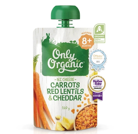 DINH DƯỠNG HỮU CƠ ĐÓNG GÓI DẠNG TÚI CÀ RỐT, ĐẬU LĂNG ĐỎ & PHÔ MAI CHEDDAR CHO BÉ TỪ 8 THÁNG " ONLY ORGANIC" - ONLY ORGANIC CARROTS RED LENTILS & CHEDDAR