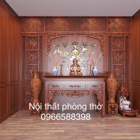demo phòng thờ gỗ gõ diện tích 16m2