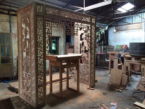 vách ngăn  phòng thờ gỗ gõ đỏ diện tích 11m2