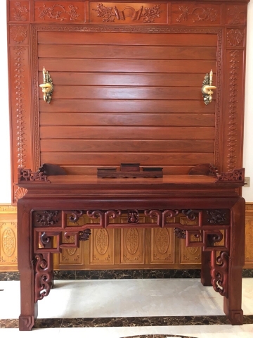 vách ngăn  phòng thờ gỗ hương đỏ diện tích 9m2