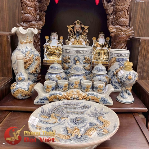 Bộ Bát Hương Men Rạn Đắp Nổi - Bàn Gia Tiên Và Thần Linh - Cặp Tài Địa Và Thần Phát Kim Cao Cấp