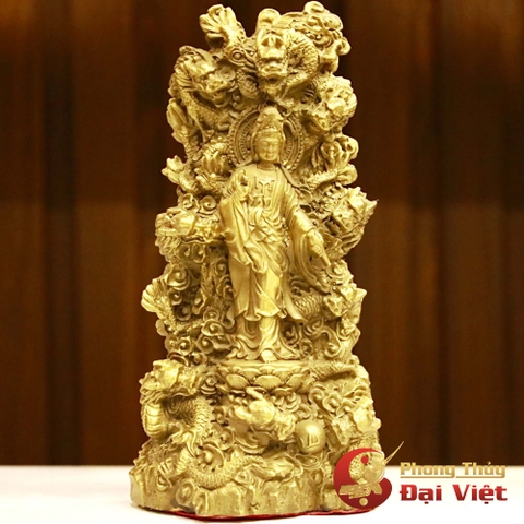 Quan Âm Tọa Cửu Long Đồng Nguyên Chất Kích Thước 19x9x5cm - 0,85kg