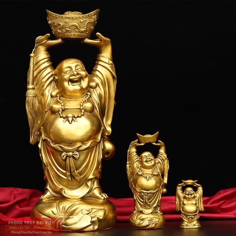 Phật di lặc nâng đĩnh vàng đồng nguyên chất 25x10cm - 1.1kg