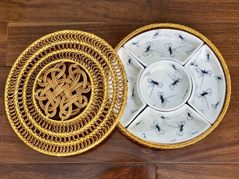 Bộ khay sứ giỏ mây