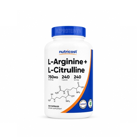 Nutricost L-Arginine L-Citrulline 750MG - Viên Uống Hỗ Trợ Tăng Sức Mạnh, Phát Triển Cơ Bắp - 120 Viên